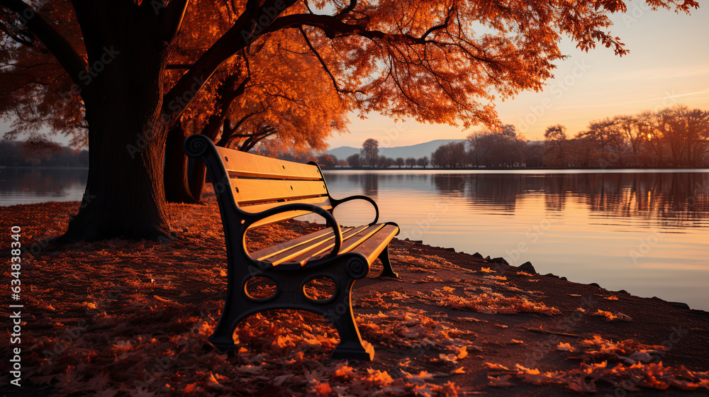 Autumn landscape of lake with beautiful autumn trees and bench