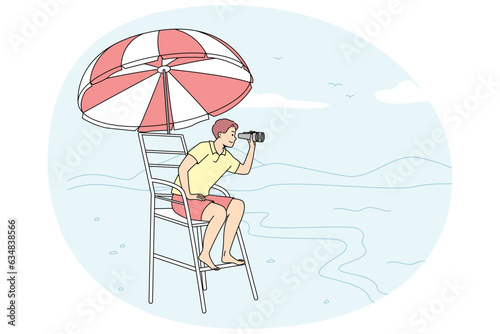 Male lifeguard sitting on chair on beach looking in binoculars. Man lifesaver on tower at seashore. Safety rescuer and sea help . Vector illustration.