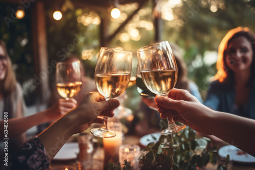 Group of friends toasting white wine at an outdoor dinner party, embodying social celebration in an authentic, lifestyle-oriented scene.
