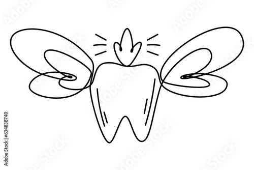 Tooth with magic wings and crown.Fabulous tooth fairy concept, vector isolated line art illustration.