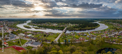 Aerial panorama view of Kraslava town in Latvia (Latgale) and Daugava river