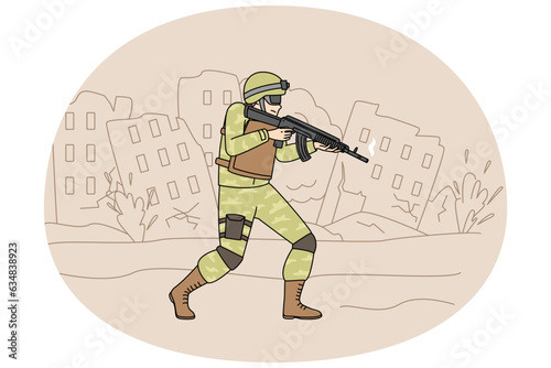 Soldier in uniform with gun walking destroyed city protecting land. Warrior on military service at war. Serviceman at front. Vector illustration.