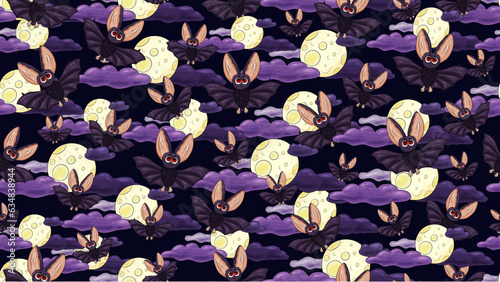  Halloween pattern. Bats and moon. Hand drawn cartoon style bats, moon, clouds. Holiday colorful background. Cute bats on dark backdrop. Halloween characters  texture.  © Belchatina