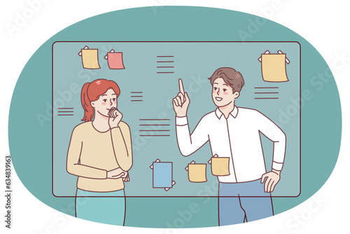Businesspeople near board in office engaged in brainstorming think over project together. Man and woman consider business plan or project. Teamwork. Vector illustration.
