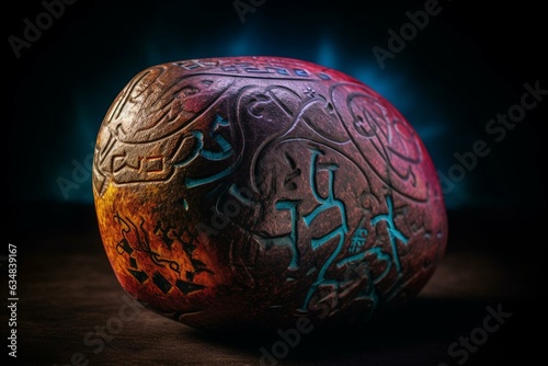 Digital artwork of a rune-engraved magic stone with vibrant and captivating colors. Generative AI