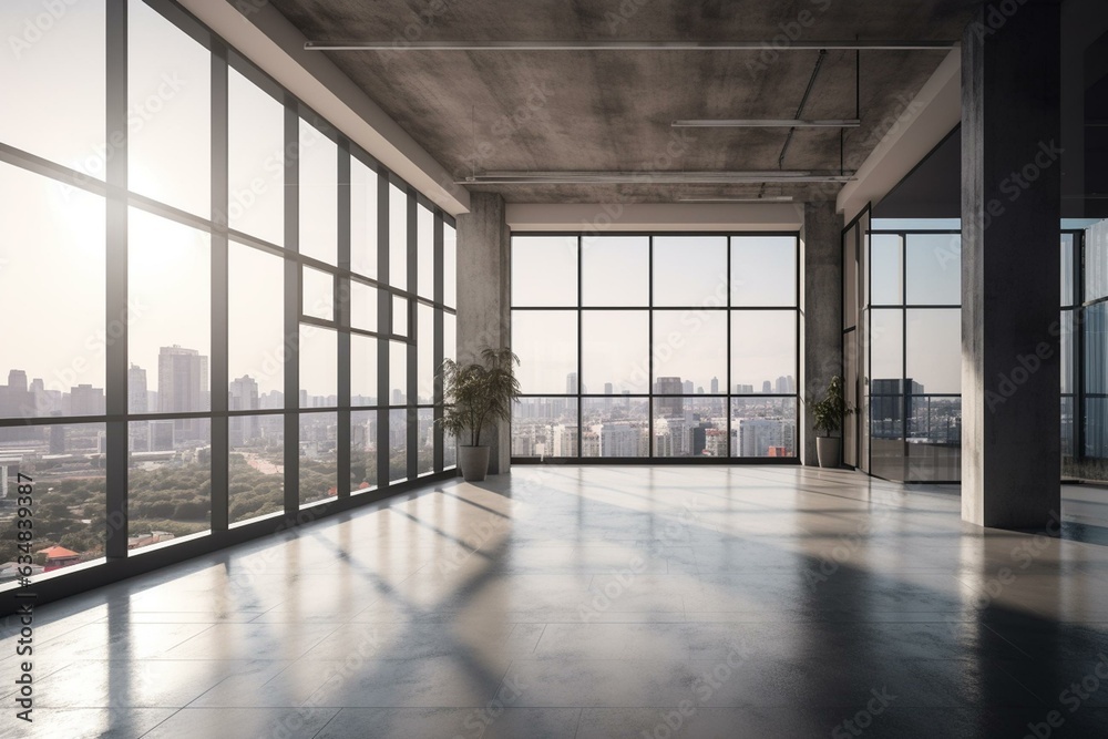 Empty office lobby with a large window overlooking a cityscape, featuring a minimalistic industrial design. Generative AI
