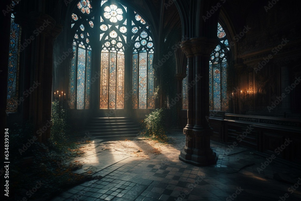 A mystical sanctuary with gothic architecture, ideal for spiritual or dark atmospheres. Generative AI