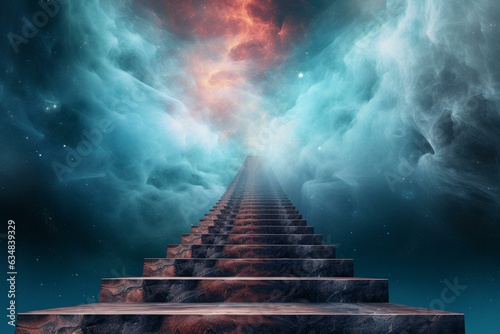 An ethereal stairway leading to the heavenly realm accompanied by a vivid, abstract desktop wallpaper. Generative AI