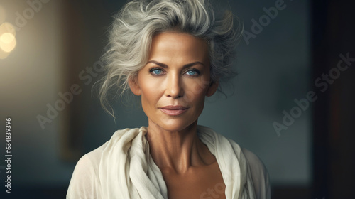 Gorgeous woman, 49 years old, looking to the camera. Generative AI photo