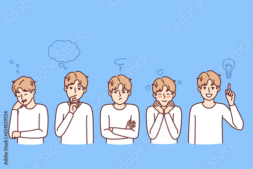 Little boy with different emotions and moods looks at screen showing thoughtfulness and joy or sadness. Teen schoolboy with various mental states and emotions feels tenderness and love or drowsiness