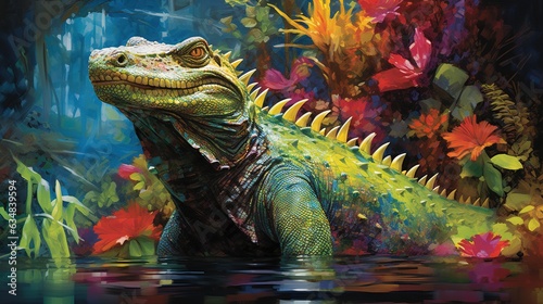  a painting of a large lizard in the water surrounded by flowers.  generative ai © Anna