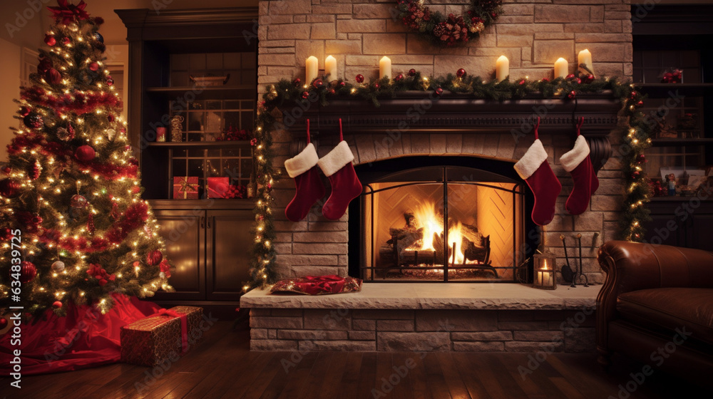 Living room with fireplace, decorated Christmas tree with ornaments and twinkling lights, stockings hung on mantel. Magical Christmas atmosphere. Banner. Generative Ai content