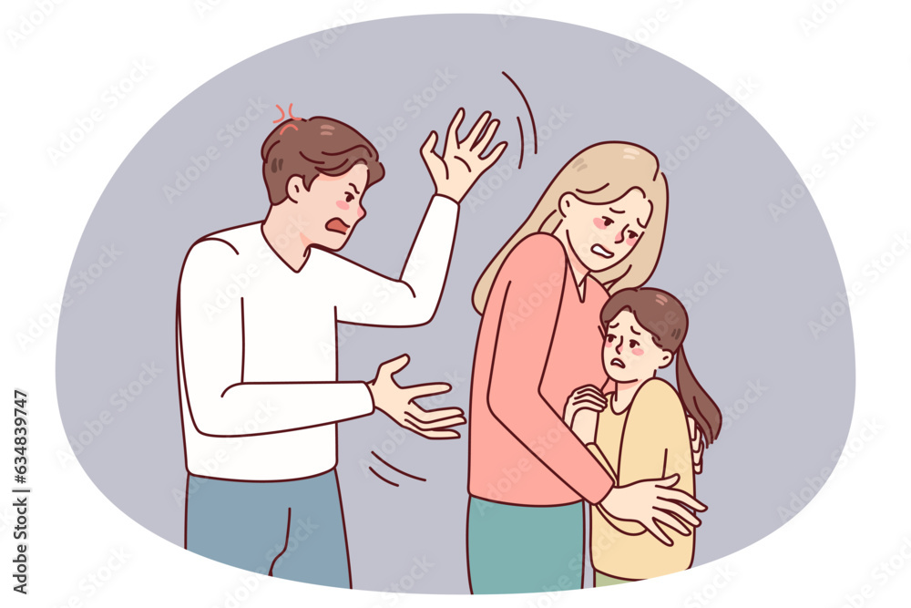Mother protect child from aggressive father. Woman hide kid from authoritarian husband. Family conflict and domestic violence problem. Vector illustration. Mother protect child from aggressive father. Woman hide kid from authoritarian husband. Family conflict and domestic violence problem. Vector illustration.