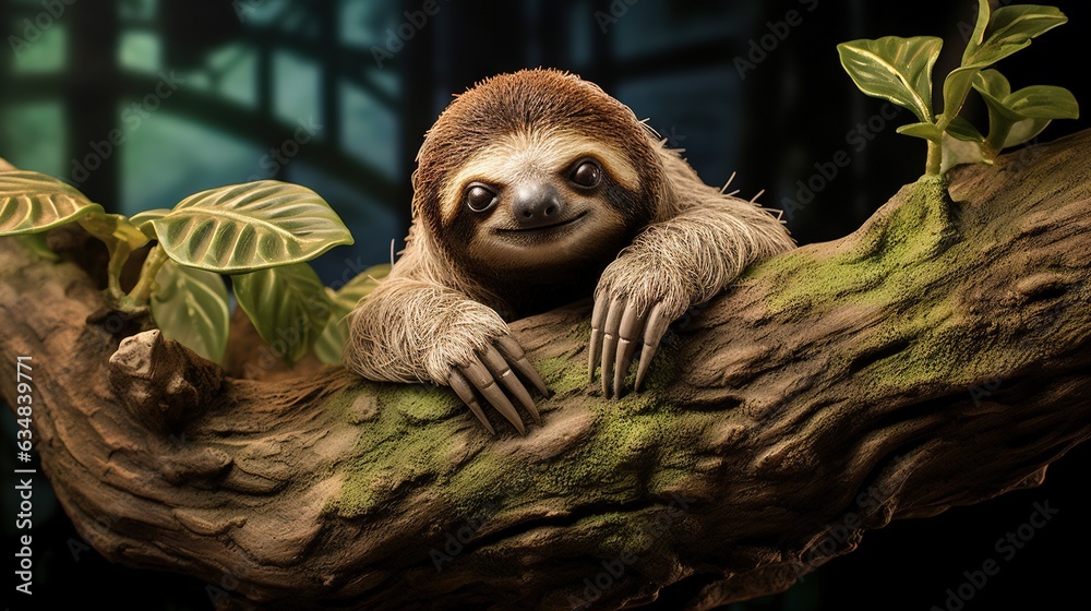 Fototapeta premium a stuffed sloth sitting on a tree branch with leaves. generative ai