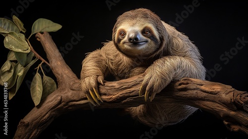  a stuffed sloth is sitting on a branch with leaves.  generative ai