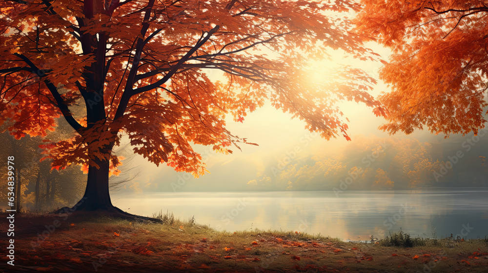 beautiful landscape of autumn trees near the lake. Nature composition