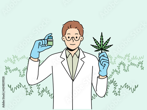 Man biologist with cannabis oil, produced from petals of narcotic plant, recommending legalization of marijuana. Doctor in white coat demonstrates cannabis leaf that helps fight dangerous diseases