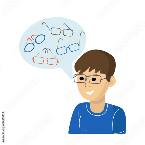 Eye glasses. World Sight Day. A guy with a happy expression ponders the choice of glasses. Man with glasses, vision problems. Purchase of glasses in an optician salon. Isolated white background.
