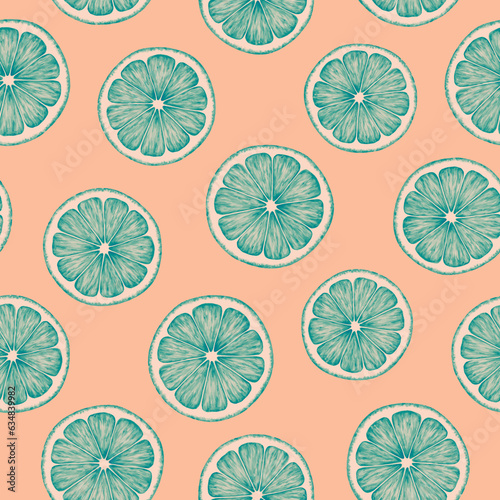 Citrus fruit seamless pattern. Colorful vivid print with juicy orange slices. Repeated luxury design for packaging, cosmetic, menu, cafe, textile. Realistic detailed illustration.