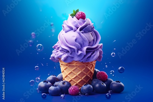 Delicious blueberry ice cream on blue purple background with copy space. Illustration | Generative AI