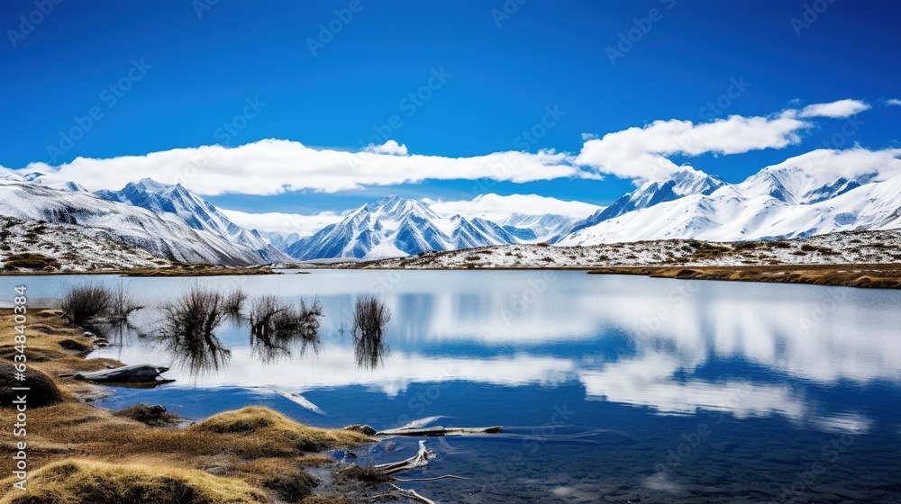  a lake surrounded by snow covered mountains under a blue sky.  generative ai