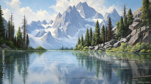  a painting of a mountain lake surrounded by trees and rocks. generative ai