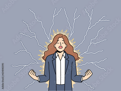 Young angry woman stands among lightning bolts and is nervous about problems affecting profit of company. Angry businesswoman closes eyes and clenches fists feeling hatred and annoyance