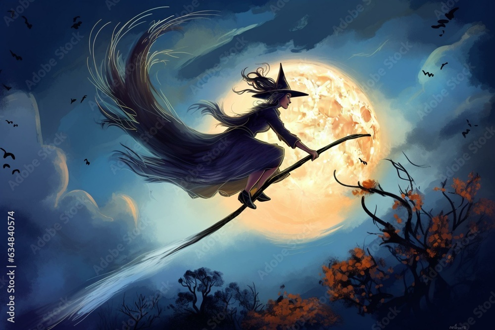 Night witch flying on broom with moon in background in art. Generative AI