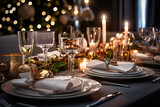 Elegant table setting with candles in restaurant. Selective focus. Romantic dinner setting with candles on table in restaurant.