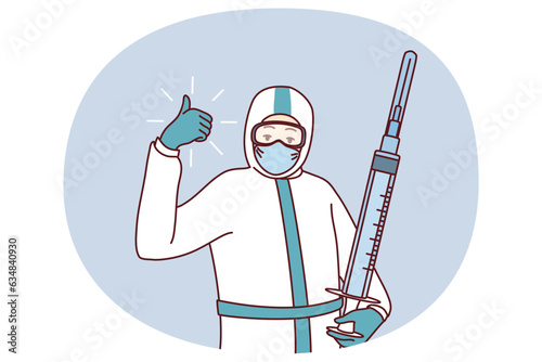 Confident doctor in protective uniform holding injection showing thumb up. Happy medical worker with syringe ready for people vaccination. Medicine, healthcare. Vector illustration.