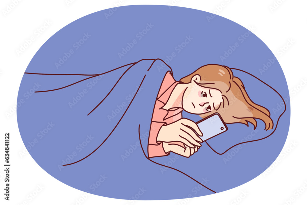 Sad young woman lying in bed using smartphone late at night. Tired female relax browsing internet or texting on cellphone. Gadget addiction. Vector illustration. Sad young woman lying in bed using smartphone late at night. Tired female relax browsing internet or texting on cellphone. Gadget addiction. Vector illustration.