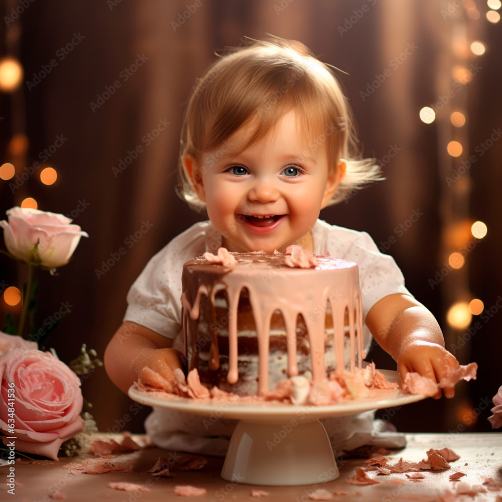 AI generated: Photographic illustration of a baby with a smash cake. Happy baby with bright eyes.