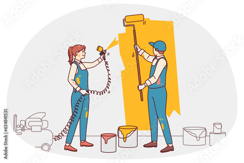 Couple designers paint wall involved in housing renovation. People renovate redecorate apartment. Interior design and decoration. Flat vector illustration.