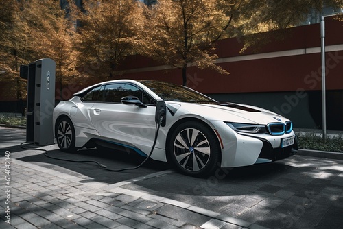 Electric vehicle parked at a charging station. Generative AI