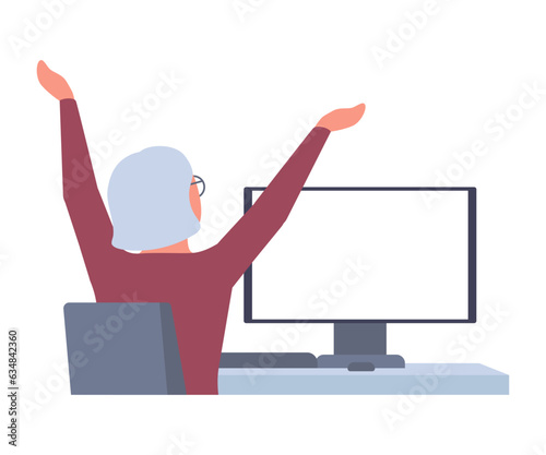 Senior woman sits back at table computer and stretching, doing exercises. Elderly pensioner practicing workout at workplace in break. Removing tension and muscle soreness for rest relaxation. Vector