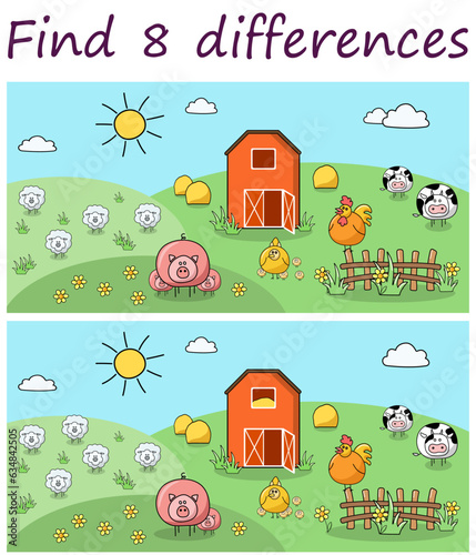 Logic puzzle game. Find 8 differences in farm landscape themed pictures with farm animals, barn, hay. Vector illustration for activity book.