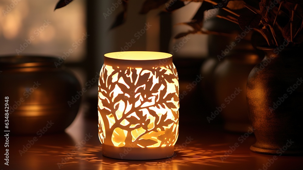 a lit candle sitting on a table next to a potted plant. generative ai a lit candle sitting on a table next to a potted plant. generative ai