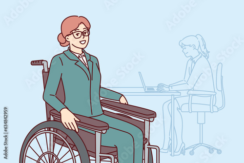 Business woman sits in wheelchair and works in office as manager, not paying attention to illness. Successful businesswoman in wheelchair, for concept of available space and equal opportunity