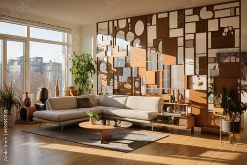 In a chic urban apartment  a creative room divider showcases a geometric pattern of metal and wood  merging style with functionality. Generative AI