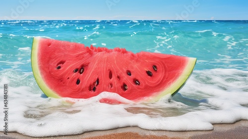  a slice of watermelon sitting on top of a sandy beach. generative ai