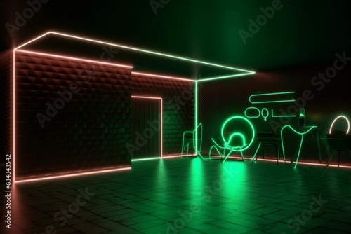 Retro 3D club with glowing neon lights on grunge wall and floor. Generative AI