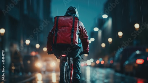 Ai generative image of food delivery man riding a bicycle on a city street with a large backpack in the rain © masyastadnikova