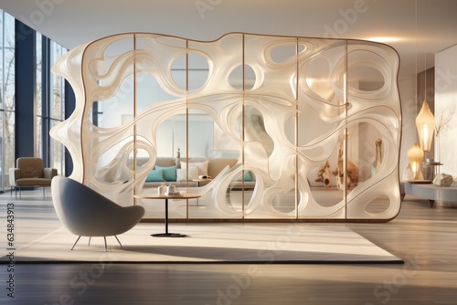 In a contemporary urban retreat  a sculptural room divider becomes an artful centerpiece  a harmonious blend of form and function. Generative AI
