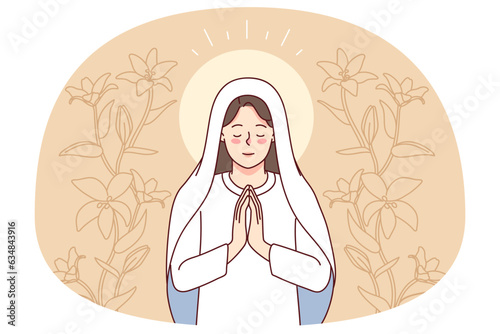 Virgin Mary surrounded by lilies praying. Mother of Jesus Christ in prayer. Faith and religion. Vector illustration.