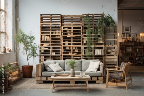 A room divider fashioned from repurposed wooden pallets introduces rustic character, capturing a blend of sustainability and style. Generative AI