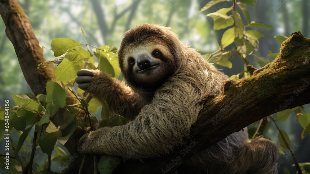 Fototapeta premium a sloth hanging from a tree branch in a forest. generative ai