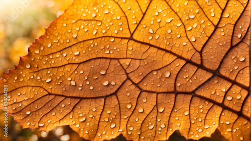AI-Generated Macro Closeup: Dew Drop on Vein of Autumn Leaf - Fresh Organic Texture in Rainy Forest Season, Ecological Green-Brown Design, Nature's Wet Pattern & Lifestyle Background.