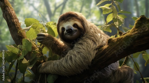  a sloth hanging from a tree branch in a forest.  generative ai