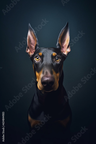 Happy funny Doberman Pinscher, black background