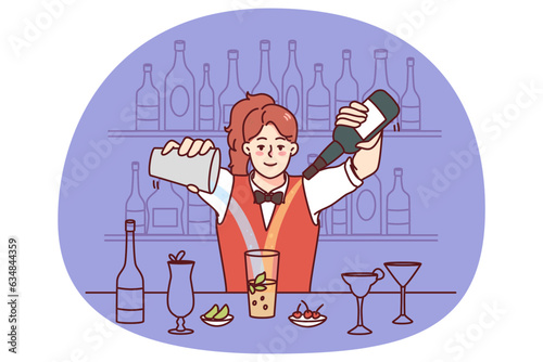 Young woman making cocktails at bar. Happy female barmen mix alcohol preparing beverage or drink in restaurant. Vector illustration.